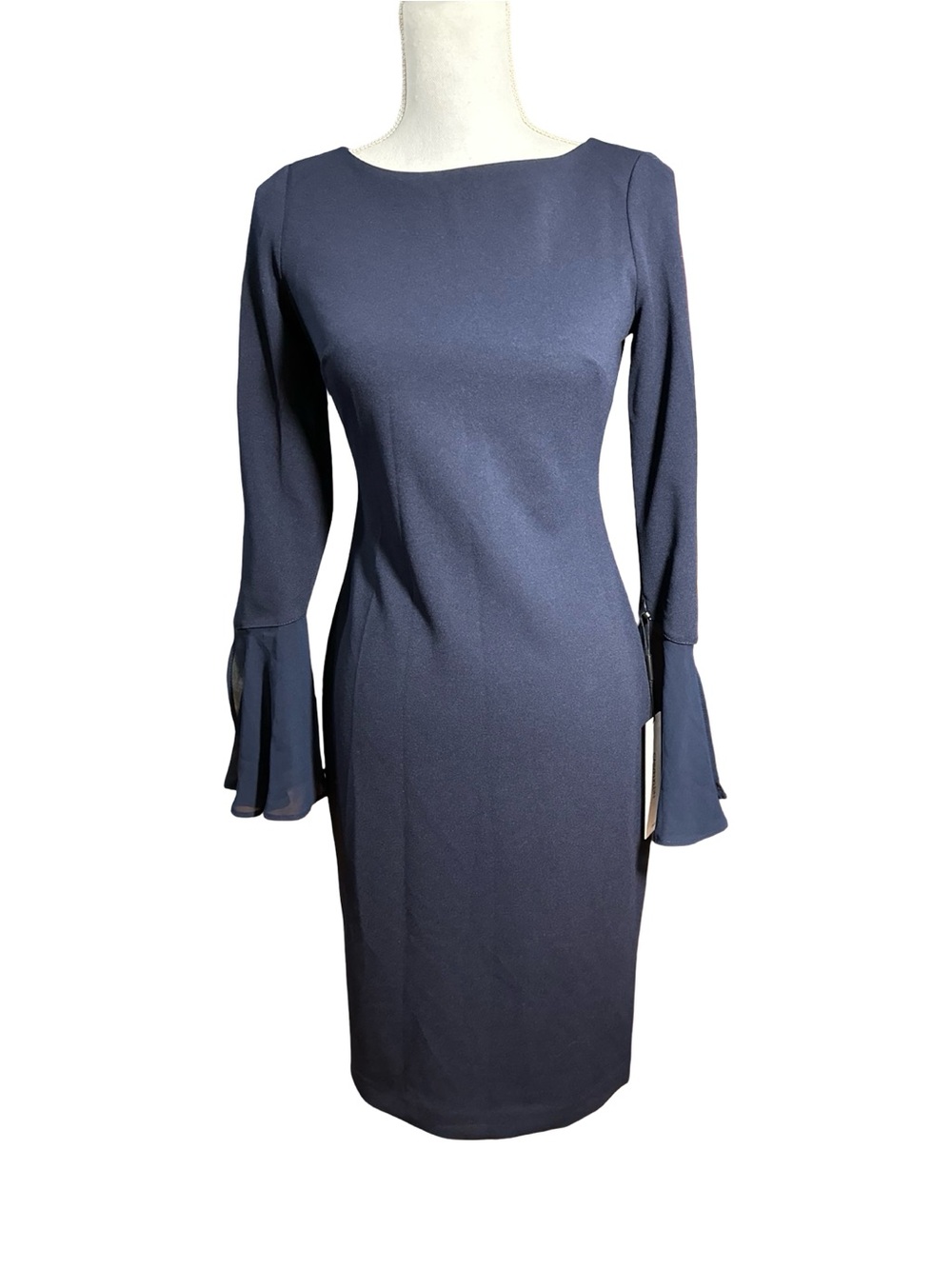 Calvin Klein Navy Chiffon Bell Sleeve Sheath Dress, 2, NWT‎